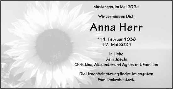 Traueranzeige von Anna Herr von Gmünder Tagespost