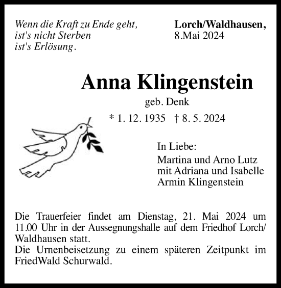 Traueranzeige von Anna Klingenstein von Gmünder Tagespost