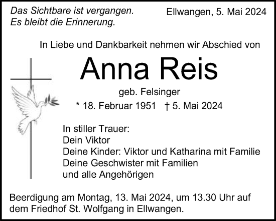 Traueranzeige von Anna Reis von Schwäbische Post