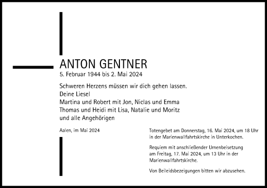 Traueranzeige von Anton Gentner von Schwäbische Post