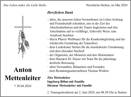 Traueranzeige von Anton Mettenleiter von Schwäbische Post