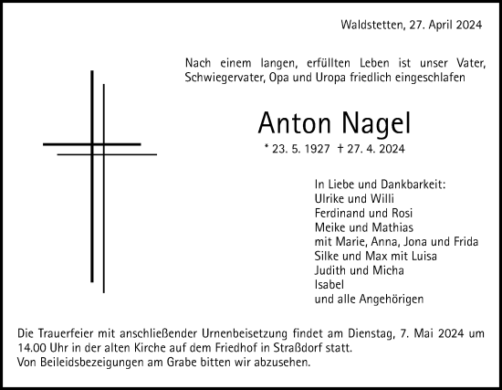 Traueranzeige von Anton Nagel von Gmünder Tagespost