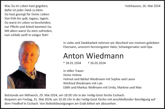 Traueranzeige von Anton Wiedmann von Gmünder Tagespost