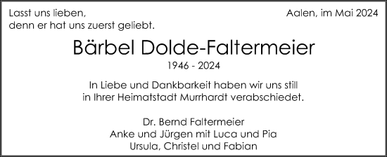 Traueranzeige von Bärbel Dolde-Faltermeier von Schwäbische Post