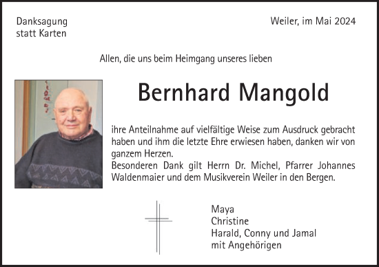 Traueranzeige von Bernhard Mangold von Gmünder Tagespost