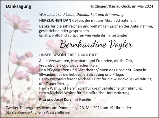 Traueranzeige von Bernhardine Vogler von Schwäbische Post