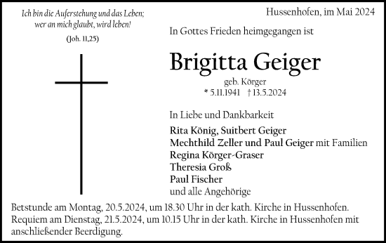 Traueranzeige von Brigitta Geiger von Gmünder Tagespost