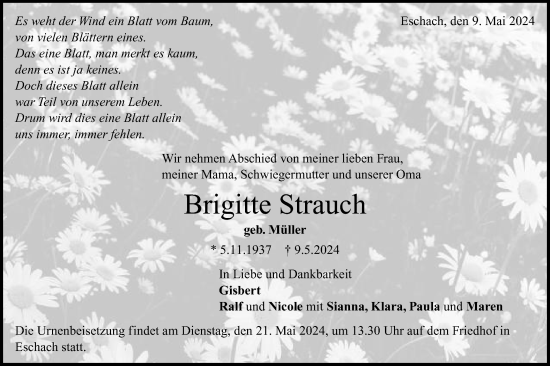 Traueranzeige von Brigitte Strauch von Gmünder Tagespost