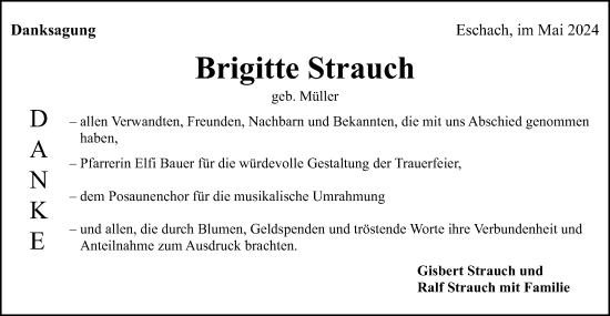 Traueranzeige von Brigitte Strauch von Gmünder Tagespost