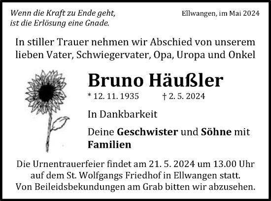 Traueranzeige von Bruno Häußler von Schwäbische Post