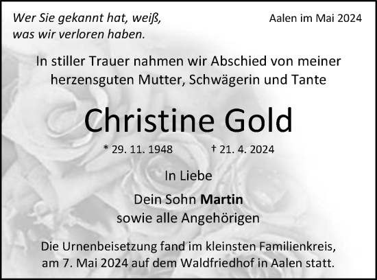 Traueranzeige von Christine Gold von Schwäbische Post