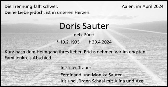 Traueranzeige von Doris Sauter von Schwäbische Post