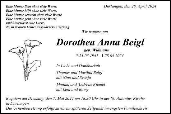 Traueranzeige von Dorothea Anna Beigl von Gmünder Tagespost