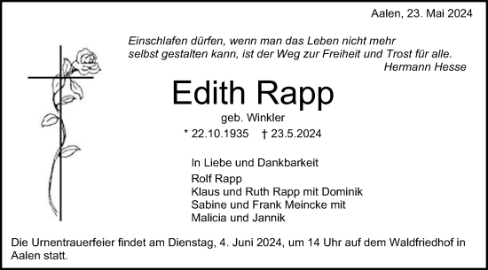 Traueranzeige von Edith Rapp von Schwäbische Post