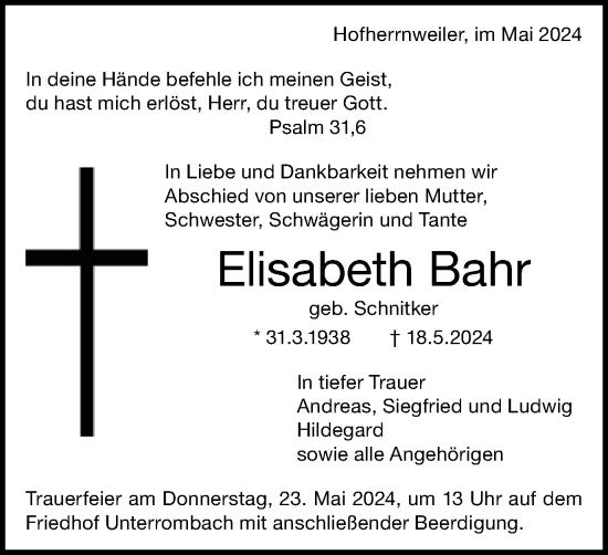 Traueranzeige von Elisabeth Bahr von Schwäbische Post