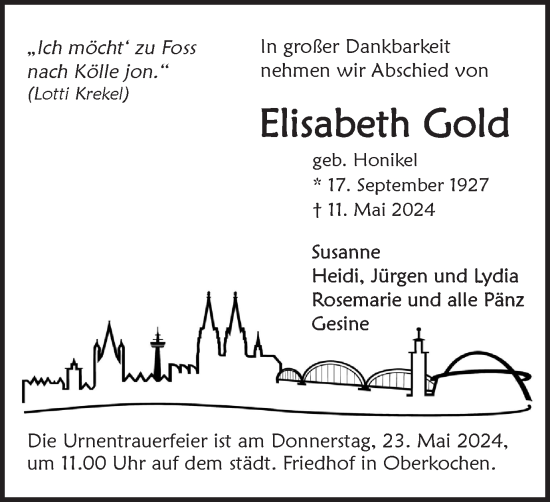 Traueranzeige von Elisabeth Gold von Schwäbische Post