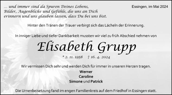 Traueranzeige von Elisabeth Grupp von Schwäbische Post