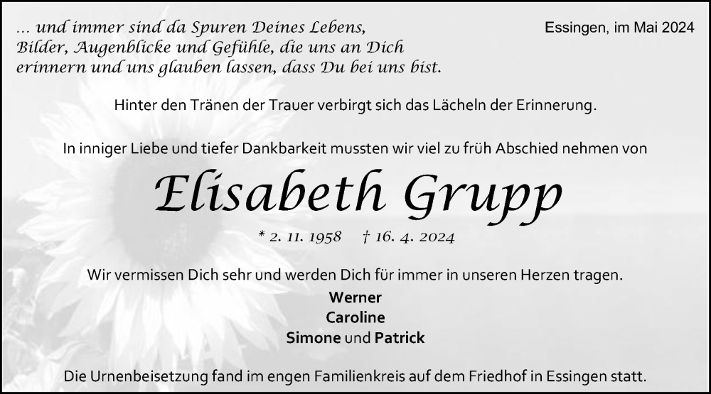  Traueranzeige für Elisabeth Grupp vom 08.05.2024 aus Schwäbische Post