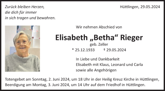 Traueranzeige von Elisabeth Rieger von Schwäbische Post