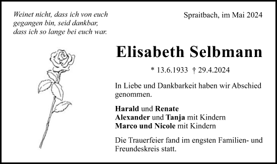 Traueranzeige von Elisabeth Selbmann von Gmünder Tagespost