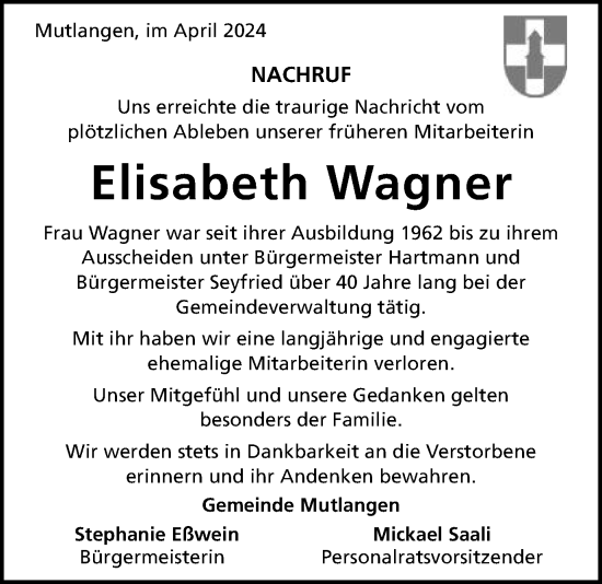 Traueranzeige von Elisabeth Wagner von Gmünder Tagespost