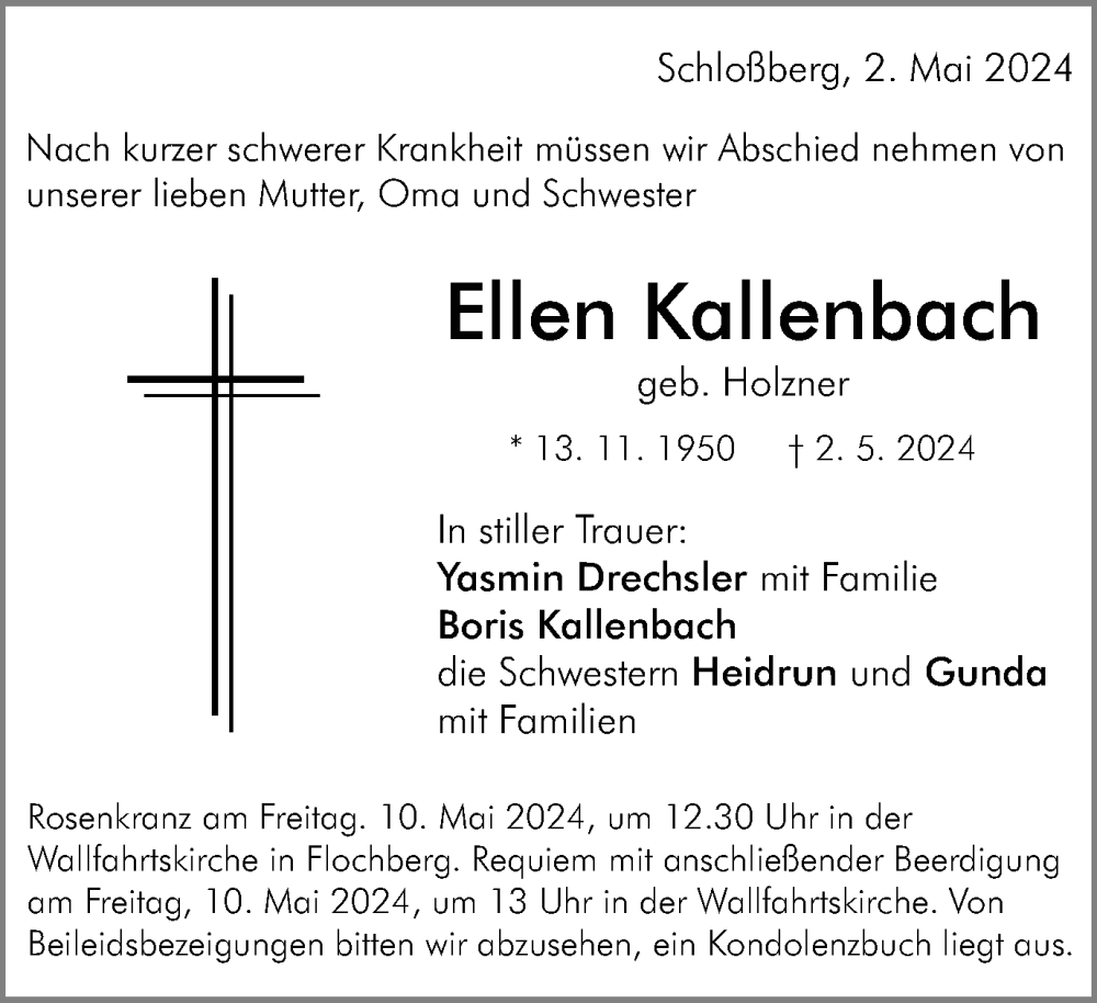  Traueranzeige für Ellen Kallenbach vom 04.05.2024 aus Schwäbische Post