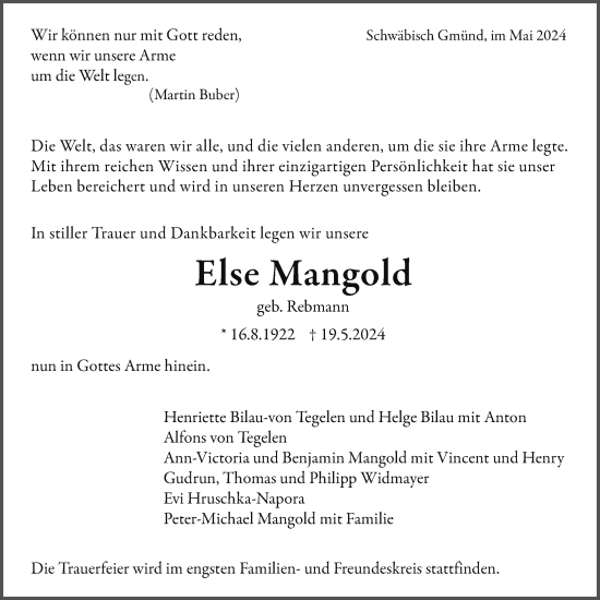 Traueranzeige von Else Mangold von Gmünder Tagespost