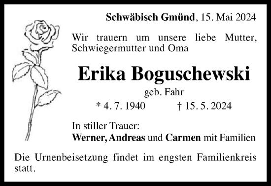 Traueranzeige von Erika Boguschewski von Gmünder Tagespost