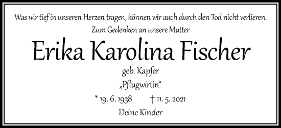 Traueranzeige von Erika Karolina Fischer von Schwäbische Post