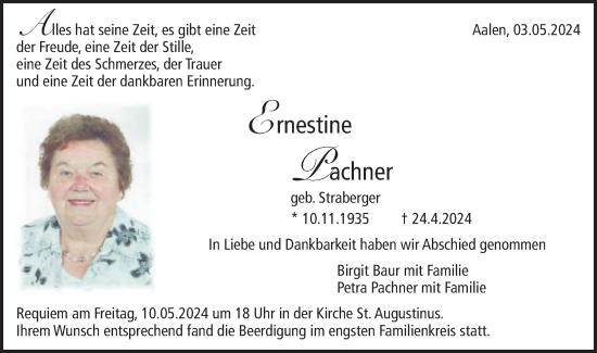 Traueranzeige von Ernestine Pachner von Schwäbische Post