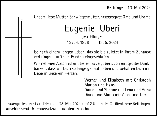 Traueranzeige von Eugenie Uberi von Gmünder Tagespost