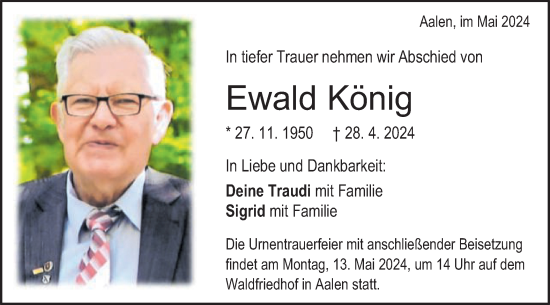 Traueranzeige von Ewald König von Schwäbische Post