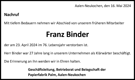 Traueranzeige von Franz Binder von Schwäbische Post
