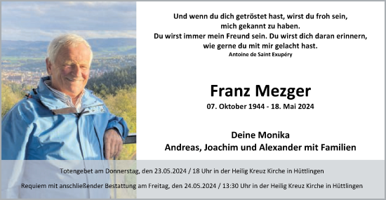 Traueranzeige von Franz Mezger von Schwäbische Post