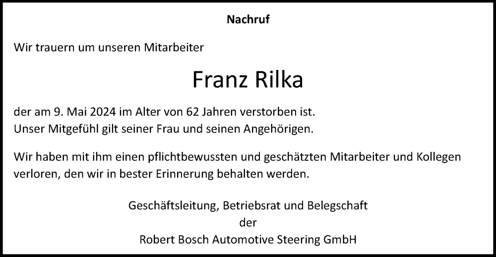  Traueranzeige für Franz Rilka vom 17.05.2024 aus Gmünder Tagespost