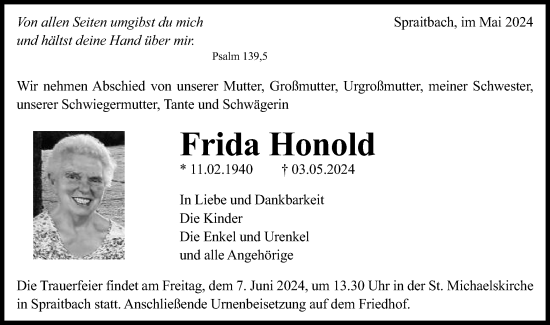 Traueranzeige von Frida Honold von Gmünder Tagespost