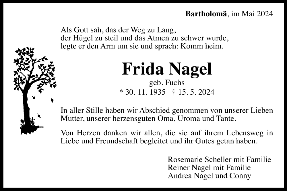  Traueranzeige für Frida Nagel vom 23.05.2024 aus Gmünder Tagespost