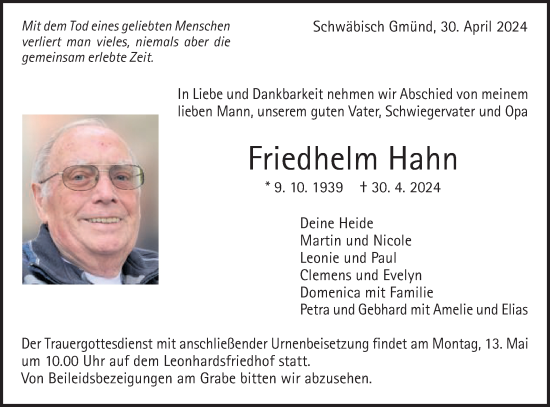 Traueranzeige von Friedhelm Hahn