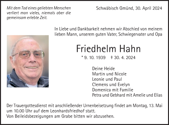 Traueranzeige von Friedhelm Hahn von Gmünder Tagespost