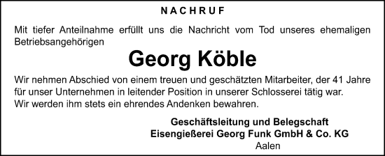 Traueranzeige von Georg Köble von Schwäbische Post