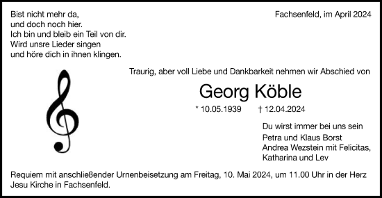 Traueranzeige von Georg Köble von Schwäbische Post