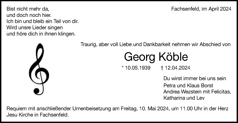  Traueranzeige für Georg Köble vom 06.05.2024 aus Schwäbische Post
