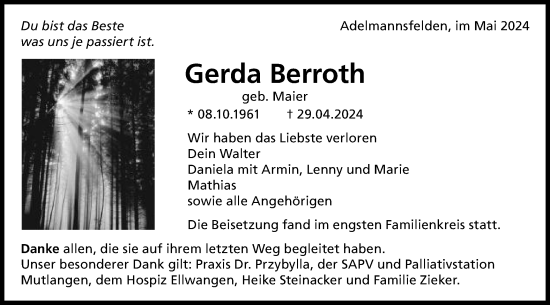 Traueranzeige von Gerda Berroth von Schwäbische Post