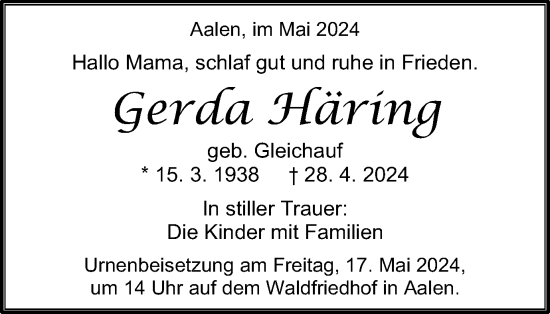 Traueranzeige von Gerda Häring von Schwäbische Post