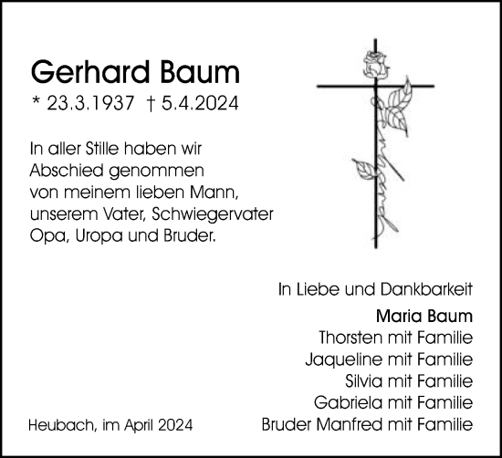 Traueranzeige von Gerhard Baum von Gmünder Tagespost