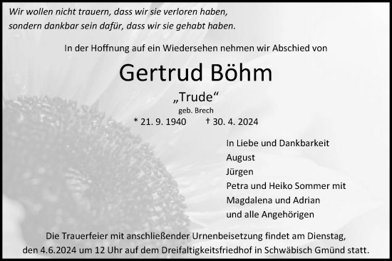 Traueranzeige von Gertrud Böhm von Gmünder Tagespost