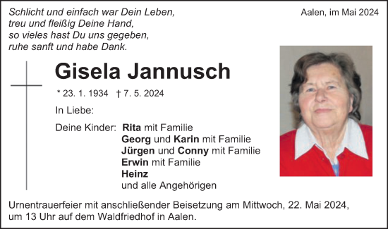 Traueranzeige von Gisela Jannusch von Schwäbische Post