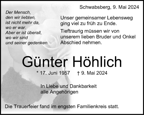 Traueranzeige von Günter Höhlich von Schwäbische Post