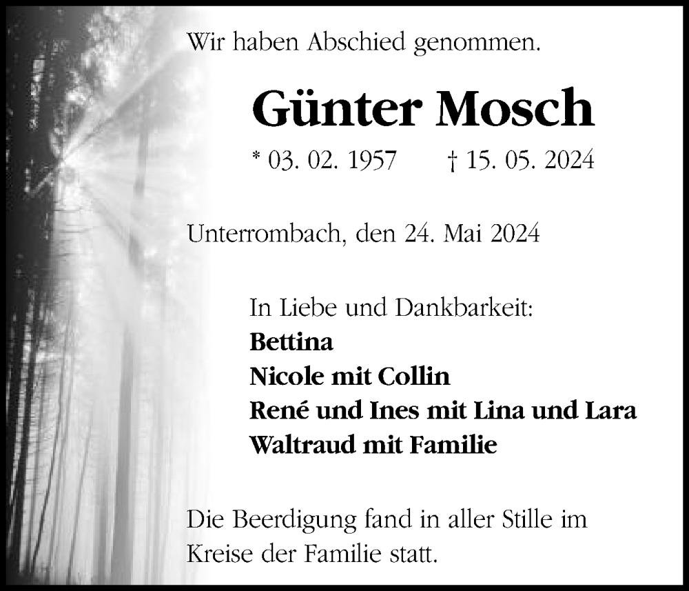  Traueranzeige für Günter Mosch vom 28.05.2024 aus Schwäbische Post