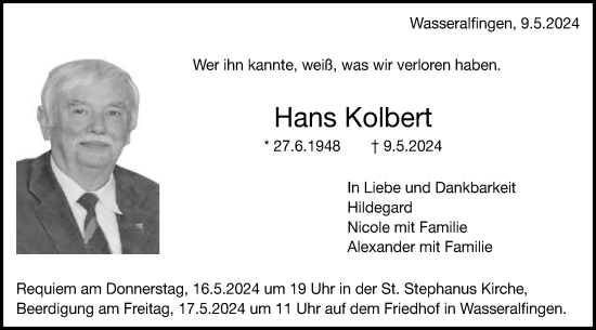 Traueranzeige von Hans Kolbert von Schwäbische Post